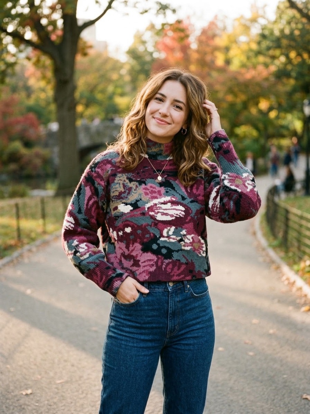 ZARA Women’s Size S US Jacquard Crop Knit Mock Neck  Floral Sweater Burgundy